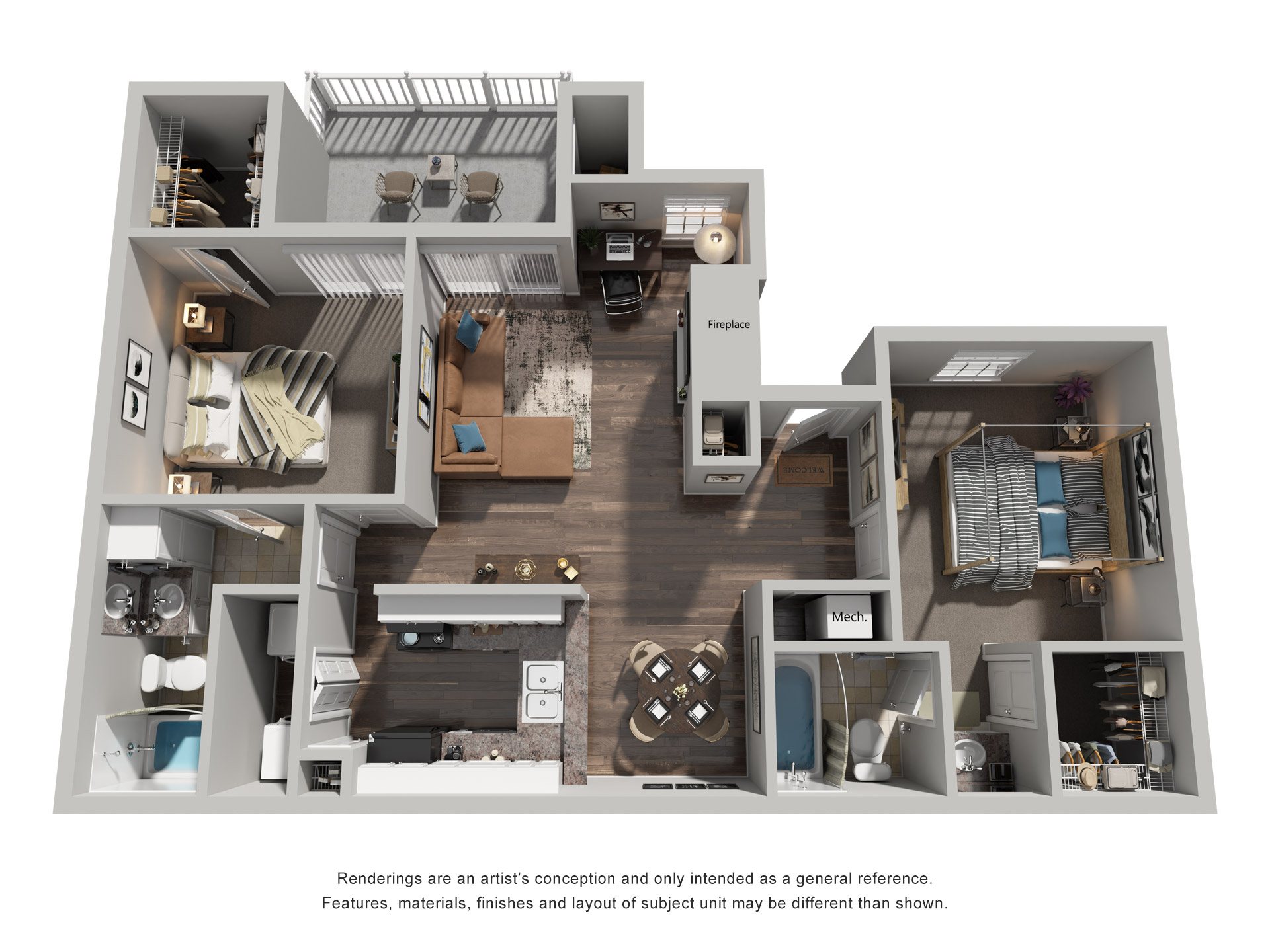 Floor plan for 2 beds, 2 baths, 950 sqft